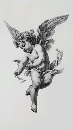 a drawing of an angel with wings and flowers on it's back, in black and white