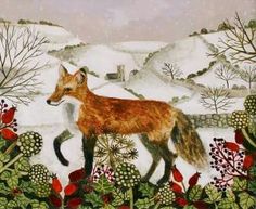 a painting of a fox in the snow surrounded by plants and flowers with mountains in the background