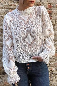 White Lace Shirt, Women Lace Blouse, Lace Blouse Long Sleeve, Lantern Sleeved Blouses, Short Blouses, White Lace Blouse, Lace Tshirt, Lace Top Long Sleeve, Lace Neckline