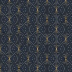 an art deco wallpaper with gold lines and circles on a dark blue background,