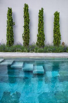 an outdoor swimming pool with blue water surrounded by greenery