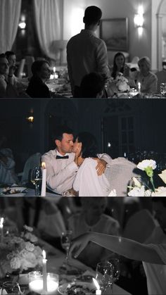 black and white photo of bride and groom kissing at dinner table with candles in the background