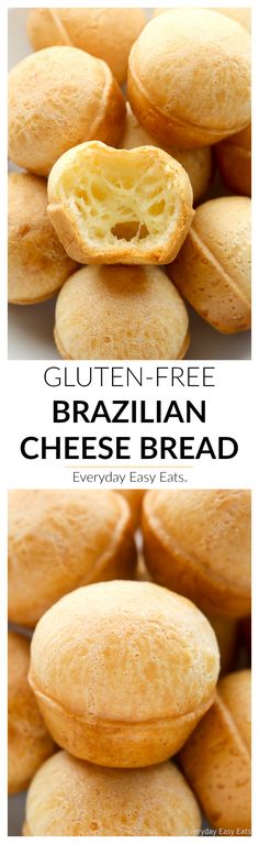 several different types of breads stacked on top of each other with the words gluten - free brazilian cheese bread