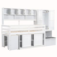 a white bunk bed with storage drawers and cupboards on the bottom shelf, in front of a white background