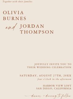 an elegant wedding card with the words, julia burns and jordan on it's front