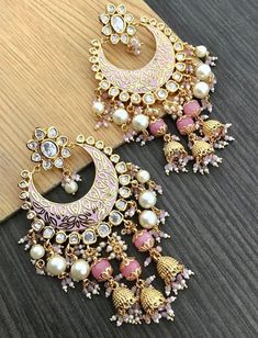 Statement Kundan Earrings in Pastel Pink off White Moti - Etsy Fashion Jewelry Earrings Unique, Jwellary Unique, Chandbali Earrings Kundan, शादी की तस्वीरें, Latest Indian Jewellery, Unique Wedding Jewelry, Bridal Jewellery Earrings, Wedding Jewelry Sets Bridal Jewellery, Indian Wedding Jewelry Sets