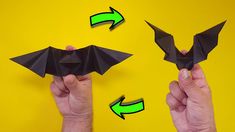 two hands holding black origami bats with green arrows pointing to the left and right