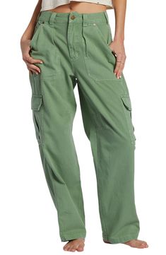 March to a utilitarian beat in these cargo pants cut from crisp cotton with a on-trend wide legs and plenty of pockets for all your daily essentials. 28" inseam; 18" leg opening; 12" front rise; 14" back rise (size 29) Zip fly with button closure Front slant pockets; back flap-patch pockets; cargo flap-patch pockets 100% cotton Hand wash, line dry Imported