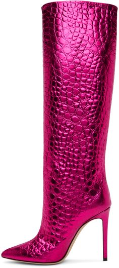 Knee-high croc-embossed leather boots in metallic pink. · Pointed toe · Covered stiletto heel with rubber injection · Leather sole in beige · Heel: H4 in Supplier color: Fuchsia Green Boots Outfit, Pink Heels Outfit, Pink Nike Shoes, Crocs Boots, Metallic Boots, Beige Heels, Heels Outfits, Cute Nike Shoes, Paris Texas