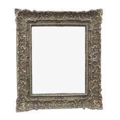 an ornate silver framed mirror on a white background