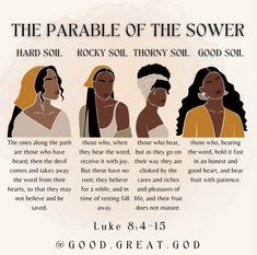 the parable of the sower poster with four women in different colors and text