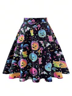 Plus Size Women's Casual Pumpkin Print Short Halloween Skirt Black Casual   Woven Fabric Cartoon,Geometric,All Over Print Flared Slight Stretch  Women Plus Clothing, size features are:Bust: ,Length: ,Sleeve Length: High Waisted Skirt Plus Size, Halloween Skirt, Día De Muertos, Women Skirt, Pumpkin Print, Plus Size Skirts, Kids Beachwear, Skirt Black, Black Casual