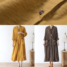 (1) Simple chocolate cotton quilting dresses v neck pockets Traveling spri – SooLinen Yellow Kaftan, Patchwork Denim Skirt, Jumpsuit Fall, Cotton Overalls, Dresses V Neck, Wool Sweaters Womens, Silk T Shirt, Linen Tshirts, Dress Sewing