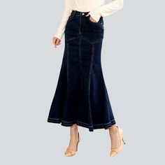 Make a statement this season with our Contrast Stitching Peplum Jeans Skirt. Y2K style from our 2023 Autumn Collection. An exquisite combination of vintage chic and modern fashion. this high-waist. long skirt features a zipper and button closure. dark wash denim and contrast stitching in a bold. retro-inspired peplum silhouette.Distinctive Features: Y2K Style: Make a statement with this vintage-inspired. Y2K-style skirt that will take you back to the 2000s in style. Dark Wash Denim: Crafted from Denim Skirts Online, Skirts Long, Jeans Skirt, Denim Skirt Women, Ageless Style, Denim Maxi, Autumn Collection, Long Torso, 2023 Autumn