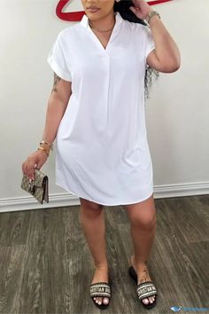 OrcaJump - Sophisticated Solid Color V-Neck Short Sleeve Dress for Casual Everyday Wear Daily Dress, Short Sleeve Dress, Casual Everyday, Sleeve Dress, New Dress, Everyday Wear, Short Sleeve Dresses, Dresses With Sleeves, Solid Color