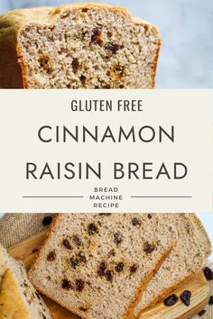 gluten free cinnamon raisin bread on a cutting board with text overlay