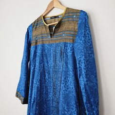 Nwt Beautiful Blue Pakistani Designer Kameez Long Sleeve M/L Blue Bohemian Unstitched Dress, Blue Block Print Straight Kurta Salwar Kameez, Blue Fitted Tunic Kurta, Blue Block Print Salwar Kameez For Eid, Bohemian Blue Kurta For Festive Occasions, Blue Fitted Long Sleeve Tunic, Unstitched Bohemian Blue Salwar Kameez, Unstitched Blue Bohemian Salwar Kameez, Blue Kurta With Printed Motifs For Eid