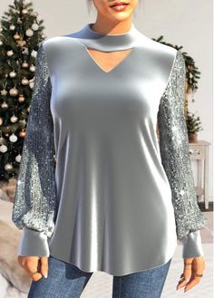 Color:Grey;Size:S;Size:M;Size:L;Size:XL;Size:XXL;Composition:95%Polyester , 5%Spandex;Decoration:Sequin;Season:Autumn;Color Scheme:Grey;Sleeve's Length:Long Sleeve;Pattern Type:Solid;Neckline:Round neck;Clothing's Length:Regular;Washing Instructions:Hand Wash;Package Contents:1 X T Shirt;Occasion:Staycation;Style:Casual; Spring Party Blouse With Splicing, V-neck Spliced Top For Fall, V-neck Splicing Top For Fall, Fall V-neck Top With Splicing Details, Fall V-neck Spliced Tops, Long Sleeve Tops With Color-block For Party, Long Sleeve Tops With Splicing For Party, Spring Party Tops With Splicing Details, Fitted Splicing Tops For Winter