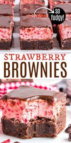 strawberry brownies with chocolate frosting are on a white plate, and there is a title text overlay