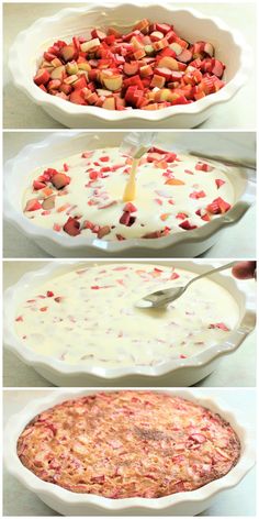 four different pictures showing how to make a pie crust with strawberries and cream in it