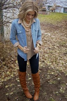 Fall Fashion.  Love the boots and the denim. Stylish Fall Outfits, Modieuze Outfits, 가을 패션, 2015 Fashion, Looks Style, Mode Inspiration, Mode Style, Fall Winter Outfits, Denim Top