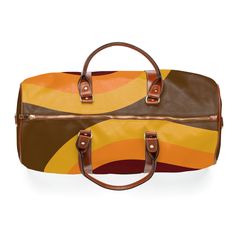 70's Retro Travel Bag, Rising Sun, Groovy, Orange, Brown, Yellow, Hippie, Mid Mod Weekend Travel Bag Let me tell you, this bag, will be the talk of the airport! I recently traveled with mine and I had so many inquiries about this bag. It is so roomy, and durable. You can't believe all that it will fit inside. That is if you are a good packer like I am. I am a roller:) Works like a charm. Best part is, it is also waterproof! This personalized travel bag is all about style. Made with high-grade wa Mid-century Brown Shoulder Bag For Travel, Retro Yellow Satchel Bag, Retro Brown Bag For Daily Use, Retro Yellow Bag For Daily Use, Retro Brown Satchel, Retro Rectangular Large Capacity Satchel, Retro Large Capacity Rectangular Satchel, Large Capacity Rectangular Retro Satchel, Retro Yellow Tote Bag