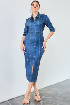 Description Denim print with stretch fabric Button-down midi dress Collared Half sleeve with cuffs detail Detail 95% POLYESTER / 5% SPANDEX IMPORTED Size & Fit Model is 5'7" and wearing size Small Cotton Denim Midi Dress With Buttons, Fitted Fall Midi Dress With Pockets, Knee-length Denim Workwear Dress With Buttons, Denim Blue Dress With Button Closure For Work, Fitted Midi Denim Dress With Buttoned Pockets, Knee-length Denim Dress With Buttons For Work, Elegant Denim Dress With Button Closure For Work, Elegant Button-up Denim Dress With Pockets, Cotton Denim Midi Dress With Button Closure