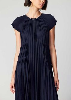 Fluttered maxi pleated dress with side special pleated and thread detail. Available in navy. 100% Polyester Metallic Sandals, Maxi Dress Navy, Round Neck Dresses, Pleated Maxi Dress, Pleated Maxi, Versatile Dresses, Trending Dresses, Tall Boots, Tie Belt