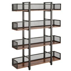 an industrial shelving unit with mesh bins on the bottom and shelves below it