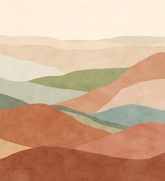 an abstract landscape with hills and valleys painted in shades of red, green, blue, beige