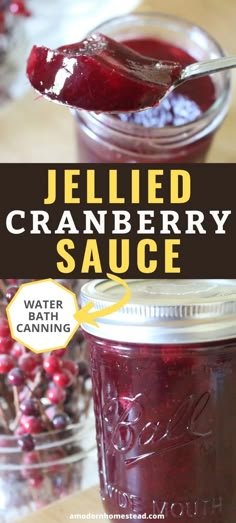 jellied cranberry sauce in a jar with spoon