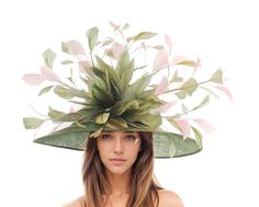 Olive Forest Green Dusky Blush Pink KY Large Kentucky Derby Hat Ascot Wedding Guest Party Formal Occasion Hat Race Woman Church Wide Brim Olive Green & Blush Dusty Pink Ky Derby Hat - Maya Wide brim olive forest green sinamay hat trimmed with a very large spray feathers and flower Brim measures 47 cm side to side with a crown height of 11cm Inside circumference is 58cm.   The Maya Ascot Hat is perfect for any special occasion, whether it's a glamorous horse race like the Kentucky Derby or a form Spring Ceremony Hat-shaped Headpiece, Spring Ceremony Hat Headpiece, Spring Ceremony Hat-shape Headpiece, Spring Ceremony Hat Shaped Headpiece, Summer Ceremony Costume Hats And Headpieces, Curved Brim Costume Hats And Headpieces For Summer Ceremonies, Spring Church Headpiece With Structured Crown, Spring Wedding Headpiece With Structured Crown, Spring Wedding Headpiece With Curved Brim