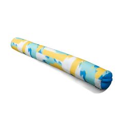 an inflatable tube with blue and yellow designs on it's sides, sitting on a white surface