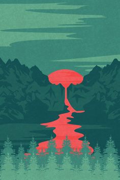 a red umbrella floating on top of a lake surrounded by mountains and trees poster print