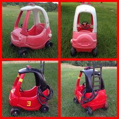 four different pictures of small children's cars in the grass, one red and one white