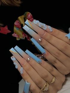 Long Nails With 3d Flowers, Spring Nails Long Coffin, Spring Long Acrylic Nails, Blue Long Acrylic Nails, Summer Bling Nails, Long Blue Acrylic Nails, Long Spring Nails, Spring Nails Long, Blue Bling Nails