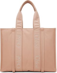 Taffeta tote in pink. · Logo embroidered throughout · Twin rolled shoulder straps · Patch pocket at interior · Fully lined · H13 x W16 x D5.5 Supplier color: Rose dust Chloe Shoulder Bag, Monogram Bracelet, Beige Bag, Medium Tote, Weekender Tote, Small Rings, Long Wallet, Leather Tote Bag, Logo Embroidered