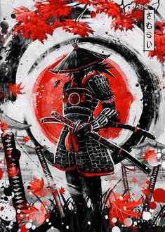 an artistic painting with red leaves and black and white paint, depicting a samurai holding two swords