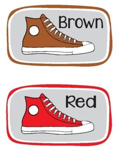 three pairs of shoes with the words brown, red and white