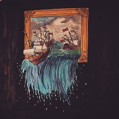 an image of a painting with ships in the water and waves coming out of it