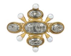 This exquisite brooch is a creation of the renowned British jewelry designer, Elizabeth Gage, known for her exceptional utilization of gemstones, intricate carvings and nature-inspired concepts. Demonstrating her signature style, this brooch showcases a central medallion depicting a man and a gazelle intricately etched in a design reminiscent of Classical intaglios. Surrounding the centerpiece are four additional medallions, each meticulously adorned with skillfully carved animals and arranged t Golconda Diamond, Carved Animals, Jewelry For Sale, Cross Jewelry, Fine Jewels, Jewelry Designer, Blue Diamond, Natural Pearls, High Quality Jewelry