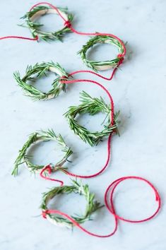 some red string and green sprigs on a white surface