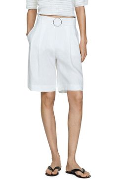 Upgrade your office style for warm weather with these crisp flat-front Bermuda shorts crafted from breathable linen and topped with a matching belt. Zip fly with hook-and-bar closure Removable belt Lined 100% linen Machine wash, line dry Imported Belted Linen Shorts For Summer, Linen Knee-length Shorts For Work, White Belted Shorts For Summer, White Linen Knee-length Bottoms, Knee-length Linen Bottoms For Workwear, White Belted Short Bottoms, White Belted Short Length Bottoms, White Belted Bottoms Short Length, White Knee-length Linen Bottoms