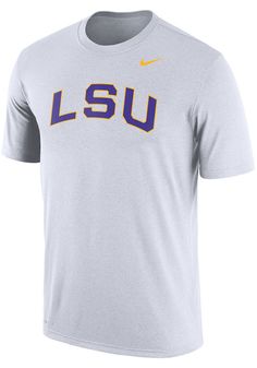 Show off your team pride in this LSU Tigers White Dri-FIT Arch Name Short Sleeve T Shirt! This LSU Short Sleeve Tee features a screen print of LSU arched across front chest. Make sure everyone knows you root for the Tigers with this White LSU T Shirt. Fight, Tigers! Dri-FIT moisture-wicking technology, Crew neckline, Rib-knit collar, cuffs, and hem, Unisex, Screen printed team graphic on chest, Iconic Nike swoosh below neckline, 57% COTTON / 43% POL Nike Fan Apparel Tops In Athletic Heather, Nike Tops In Athletic Heather For Sports Season, Nike Athletic Heather Tops For Sports Season, Athletic Heather Tops With Logo For Sports Events, Nike Athletic Heather Tops For Sports, Athletic Heather Collegiate Sports Top, Nike Tops In Athletic Heather With Logo Print, Collegiate Athletic Heather Tops For Sports Events, Nike Team Spirit Tops With Moisture-wicking