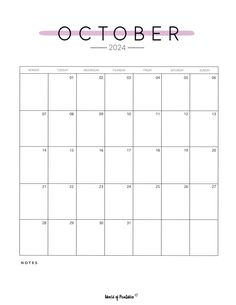 the october calendar is shown in pink and black