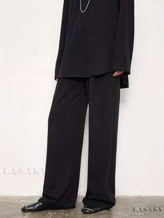 Lasaky - Stylish and Versatile Two-Piece Set: Crew Neck Long Sleeve Tops & Wide Leg Pants Ensemble, Womens Fashion Attire Solid Color Wide Leg Pant Set For Work, Wide Leg Pant Set For Workwear, Black Wide Leg Loungewear Set, Wide Leg Pants Outfits, Pants Outfits, Fashion Attire, Sleeves Pattern, Two Piece Sets, Leg Pants