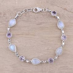 Amethyst and rainbow moonstone link bracelet, 'Misty Lilac' - Handmade Amethyst Rainbow Moonstone Link Bracelet from India Misty Lilac, Silver Heart Pendant, Pretty Bracelets, Amethyst Bracelet, Pearl Jewellery Earrings, Amethyst Earrings, Heart Pendant Necklace, Jewelry Gift Box, Rainbow Moonstone