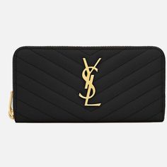 New, Never Used! Saint Laurent Ysl Mono Wallet (117y). Black Leather Wallet With Yellow Gold Hardware. Lambskin Leather Composition Zipper Closure Around Ysl Cassandre On Front Matelasse Overstitching 12 Card Slots And 1 Coin Pocket 2 Bill And 2 Receipt Compartments Size: H 3.7 X W 7.4 X D 0.9 In Style: 358094-Bow01-1000 Color: Nero Material: Lambskin Leather Designer Evening Wallet With Zipper Closure, Luxury Evening Wallet With Zipper Closure, Saint Laurent Wallet, Saint Laurent Bags, Black Leather Wallet, Leather Card Case, Saint Laurent Bag, Wallet Chain, Small Wallet