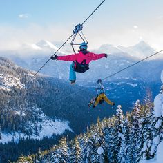 two people on skis are in the air above snow covered mountains and pine trees