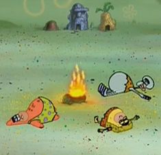 cartoon characters are around a campfire on the ground